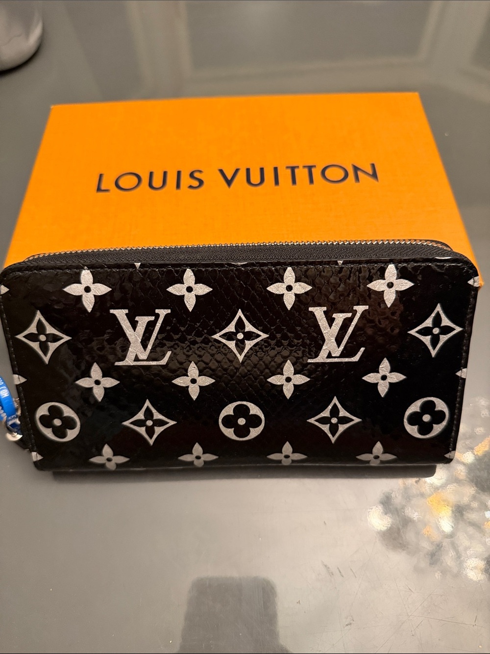 Louis Vuitton Black Python Monogram Zip-Around Wallet with White LV Print